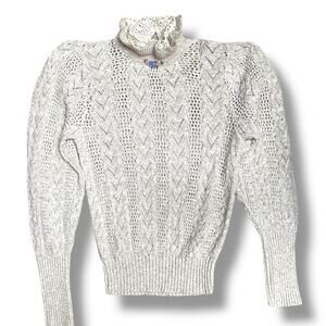 Vintage Sweater Pointelle Cottagecore Ruffled Crochet Mock Neck Floral Cotton XS